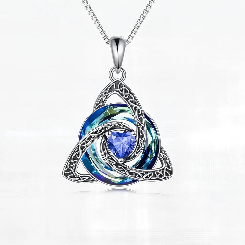 Pomence Birthstone Celtic Knot Necklace with the December Tanzanite heart cut crystal