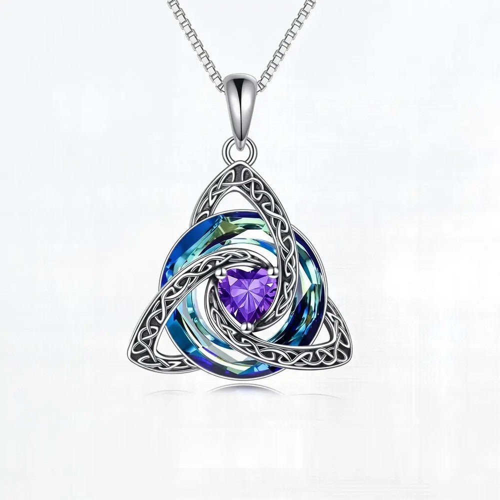 Pomence Birthstone Celtic Knot Necklace with the February Amethyst heart cut crystal