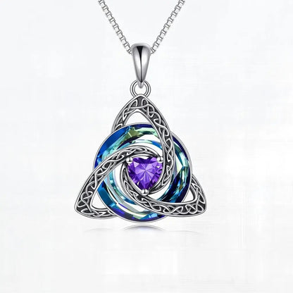 Pomence Birthstone Celtic Knot Necklace with the February Amethyst heart cut crystal