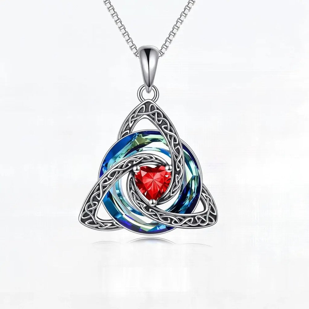Pomence Birthstone Celtic Knot Necklace with the January Garnet heart cut crystal