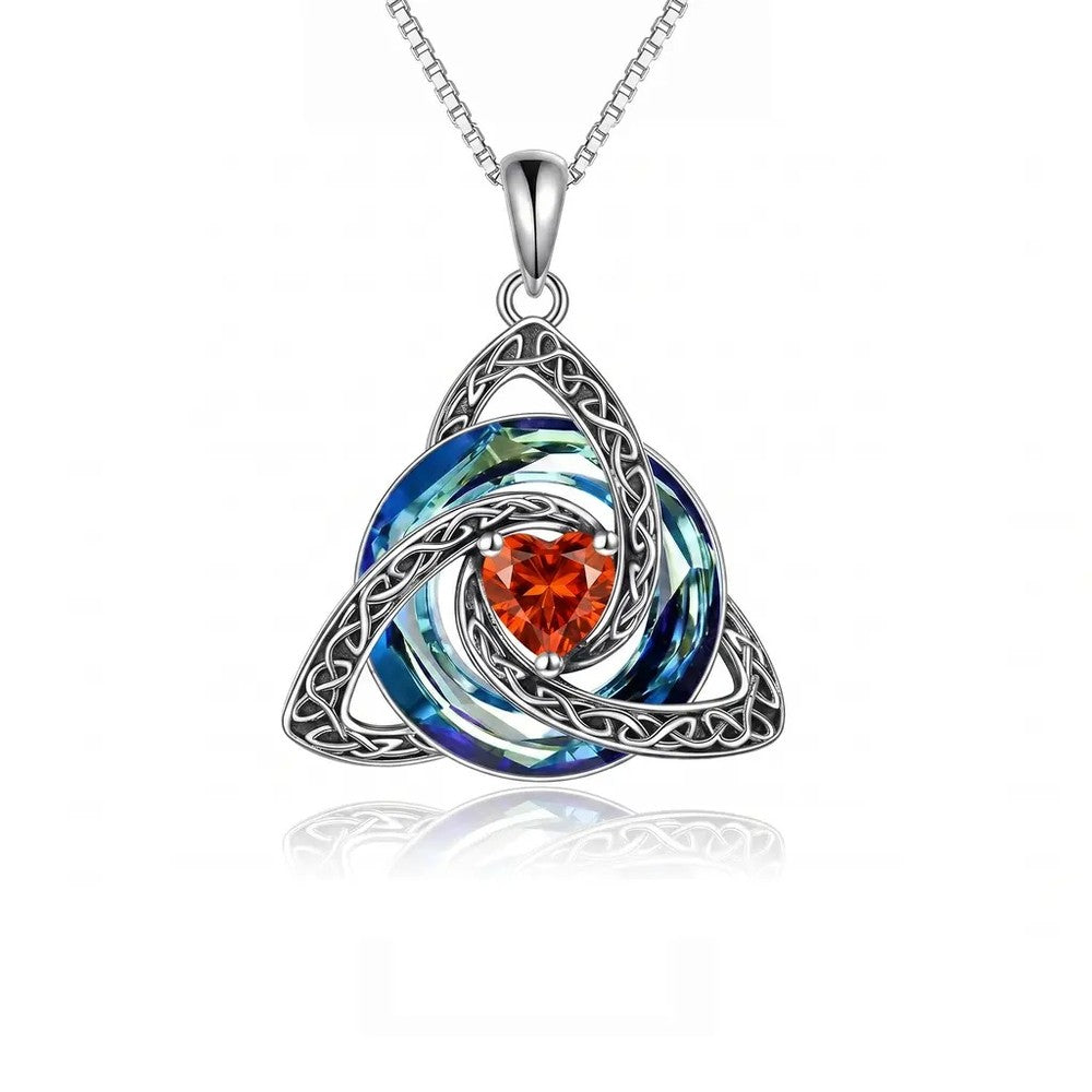 Pomence Birthstone Celtic Knot Necklace with the July Ruby heart cut crystal