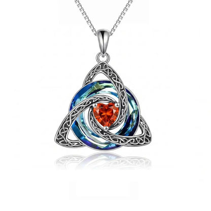 Pomence Birthstone Celtic Knot Necklace with the July Ruby heart cut crystal