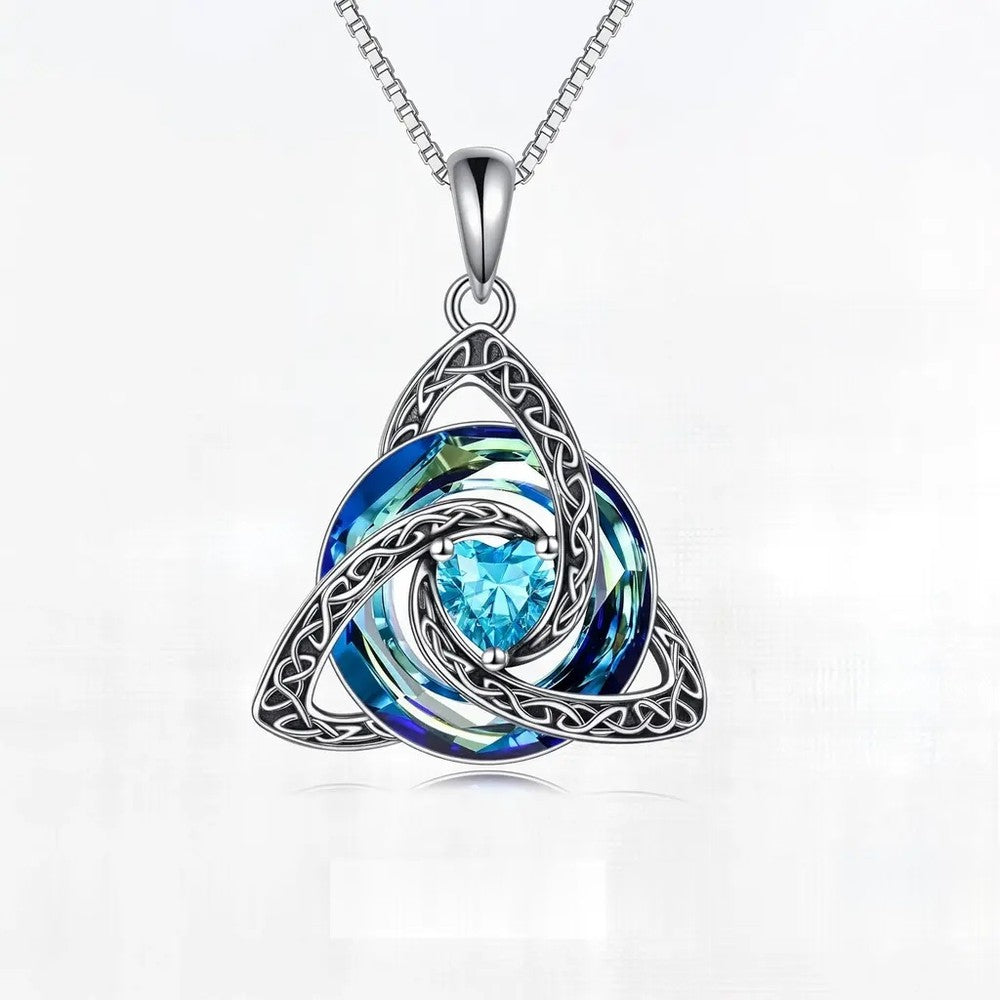 Pomence Birthstone Celtic Knot Necklace with the March Aquamarine heart cut crystal