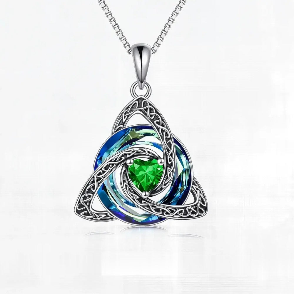 Pomence Birthstone Celtic Knot Necklace with the May Emerald heart cut crystal