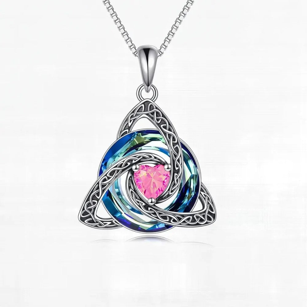Pomence Birthstone Celtic Knot Necklace with the October Tourmaline heart cut crystal