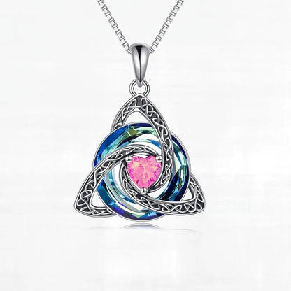 Pomence Birthstone Celtic Knot Necklace with the October Tourmaline heart cut crystal