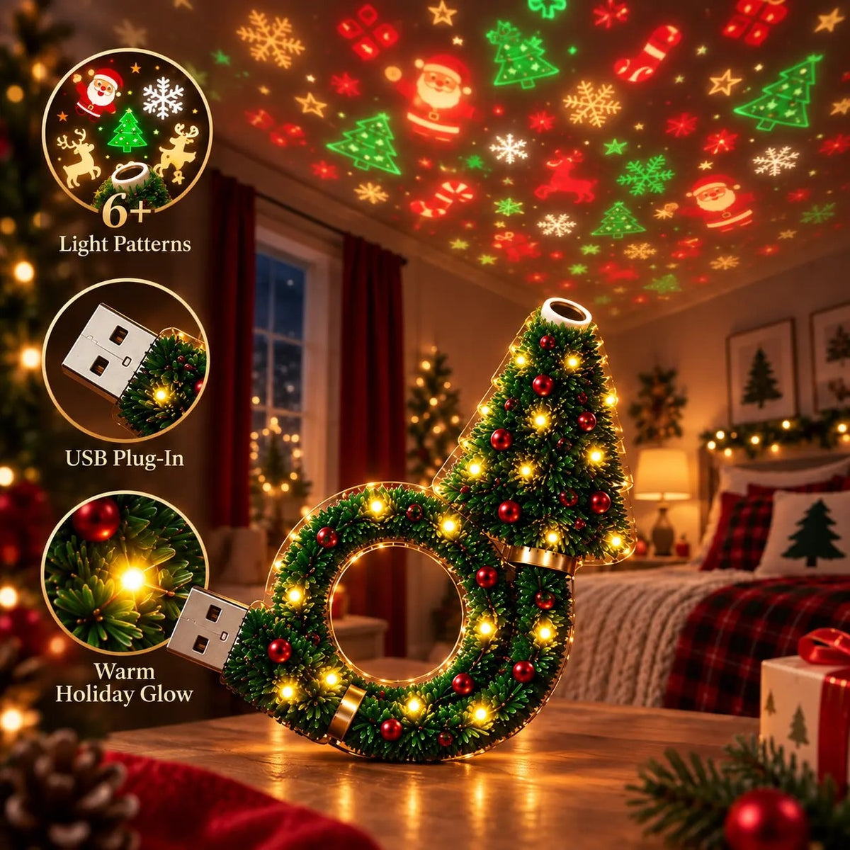 Pomence Christmas Projector Night Light glowing on a table with holiday patterns on the ceiling