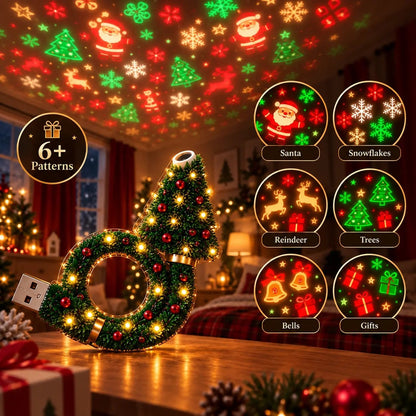 The six holiday projection patterns: Santa, snowflakes, reindeer, trees, bells and gifts
