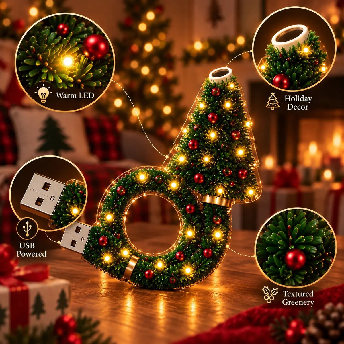Close-ups of the warm LED lights, projector lens, USB plug and textured greenery