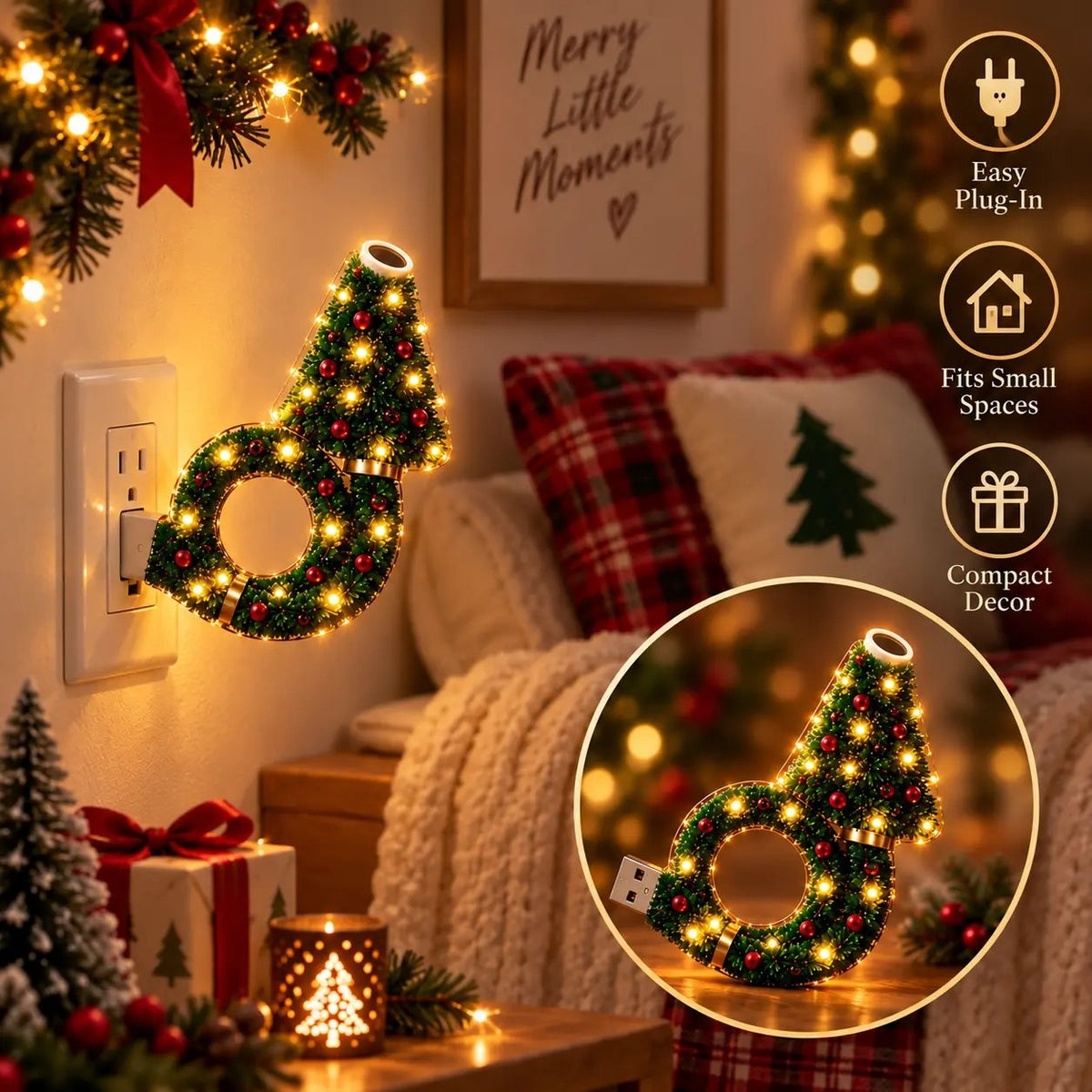 Pomence Christmas Projector Night Light plugged into a wall outlet beside a sofa
