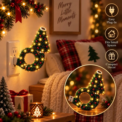 Pomence Christmas Projector Night Light plugged into a wall outlet beside a sofa