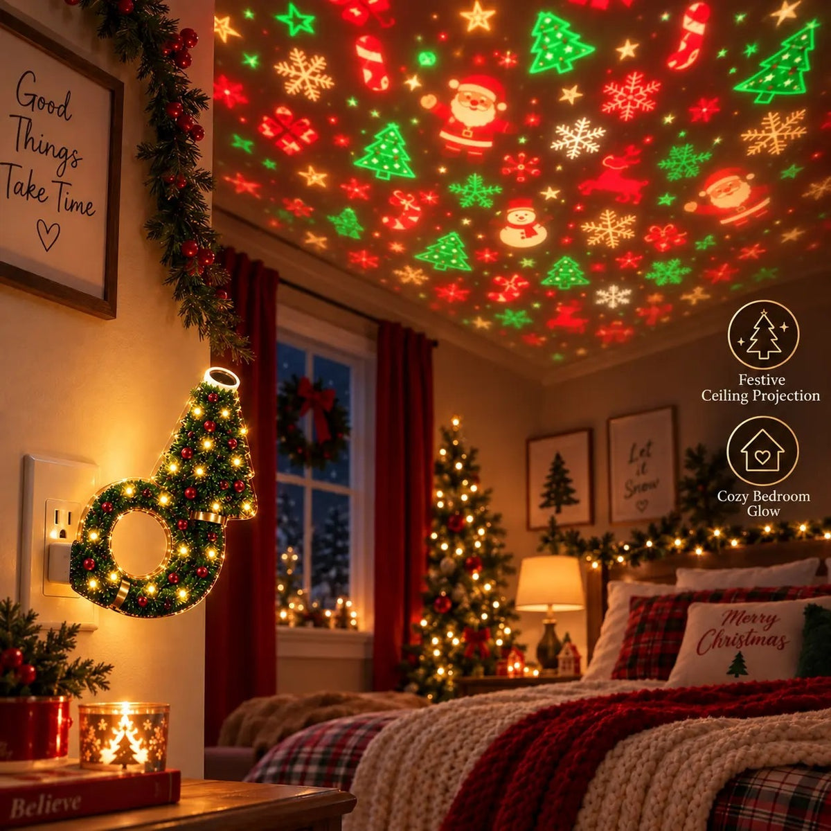 Holiday patterns projected across a bedroom ceiling from the plugged in night light