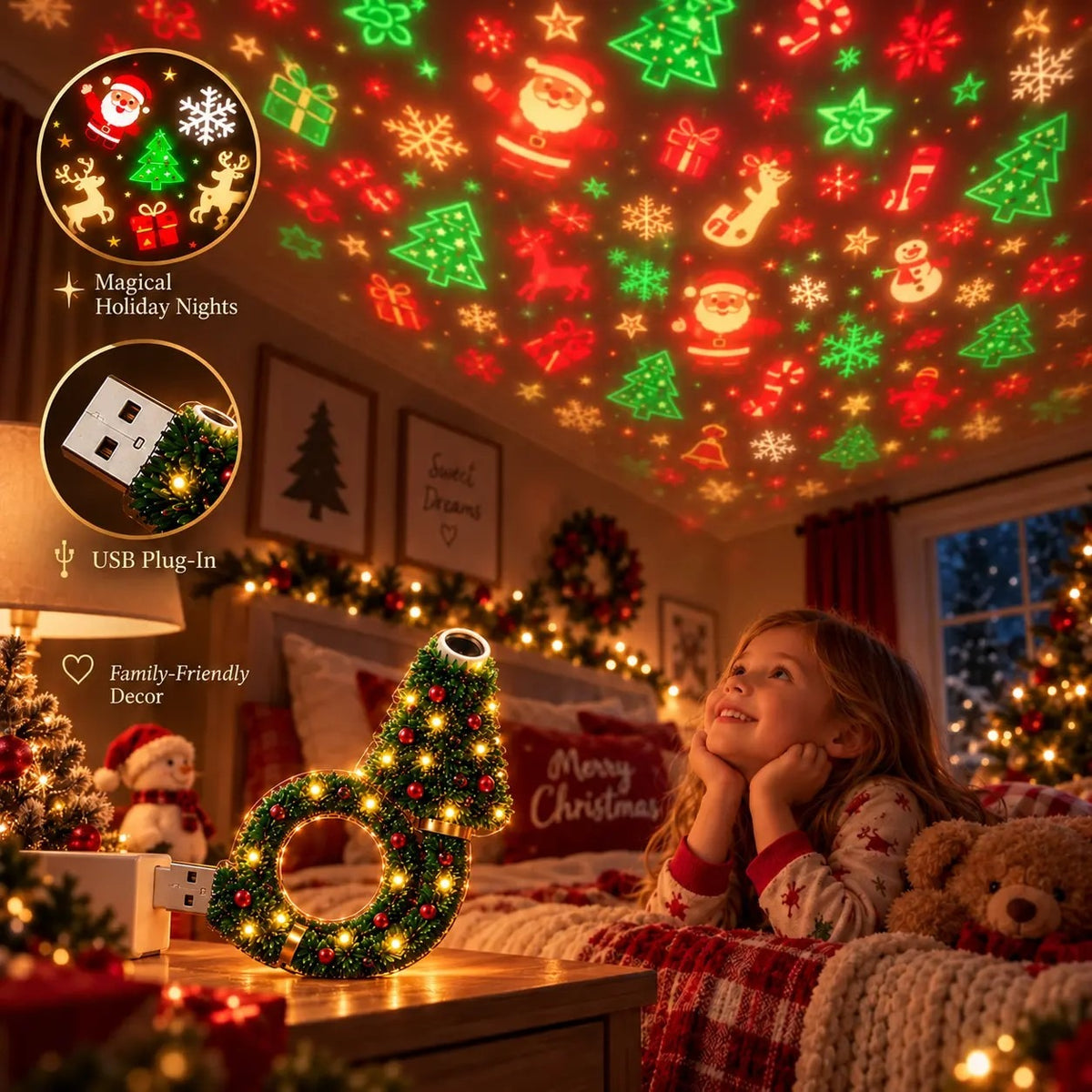 A child watching the projected Christmas patterns on the bedroom ceiling