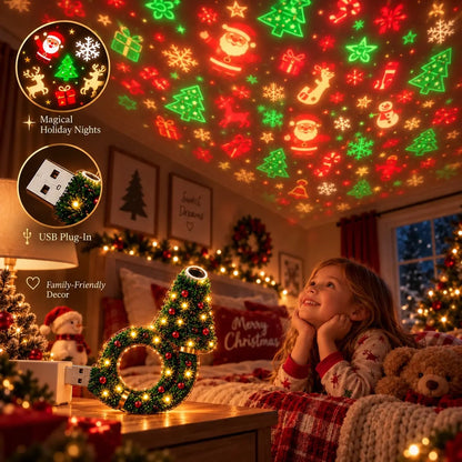 A child watching the projected Christmas patterns on the bedroom ceiling
