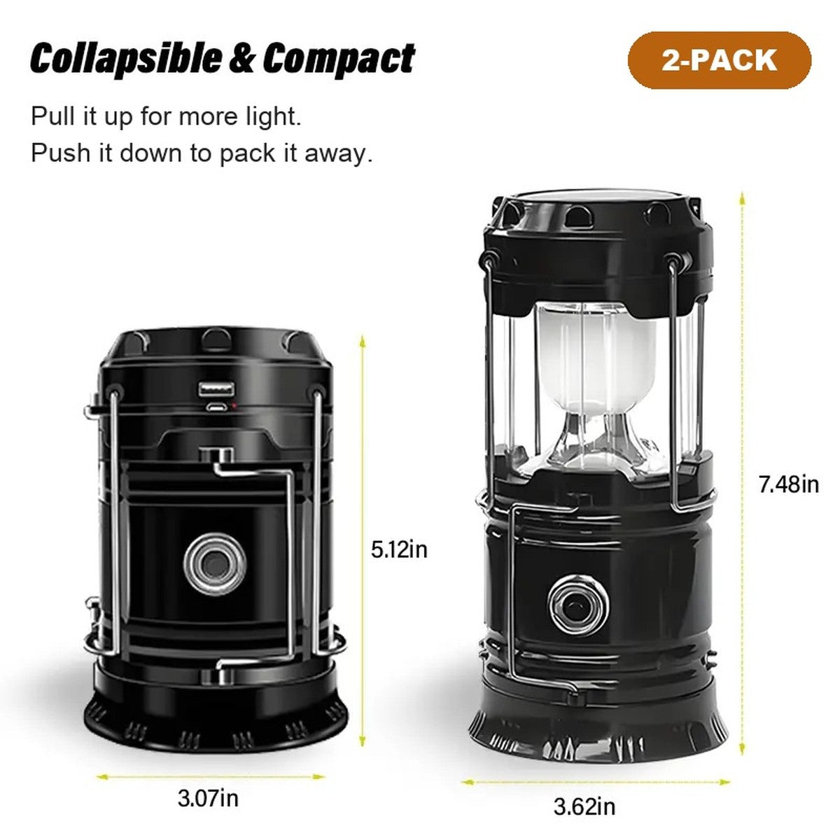 Pomence Collapsible LED Lantern 2-Pack: one lantern folded down to 5.12 in and one pulled open to 7.48 in