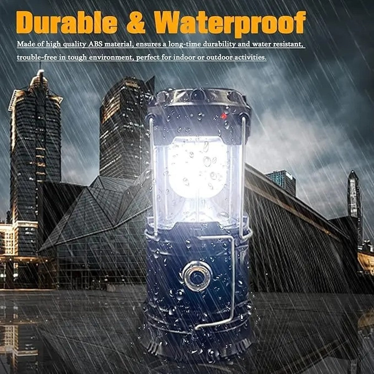 The collapsible LED lantern shining in a rain storm, durable and water resistant