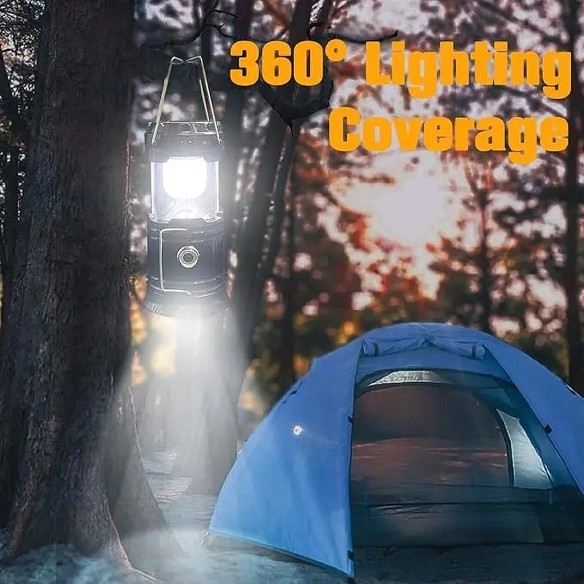 The lantern hanging from a tree by its handle, lighting up a tent at dusk