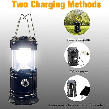 Two ways to charge: the solar panel on top or a USB cable, and a USB port to charge a phone