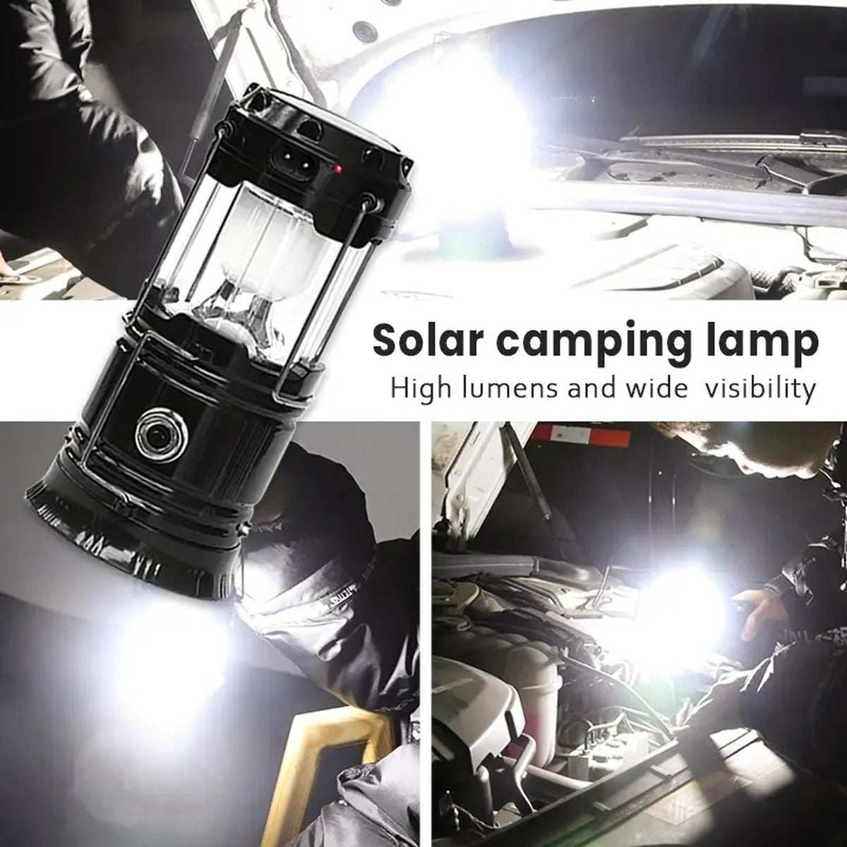 The lantern and its flashlight lighting up a car engine at night