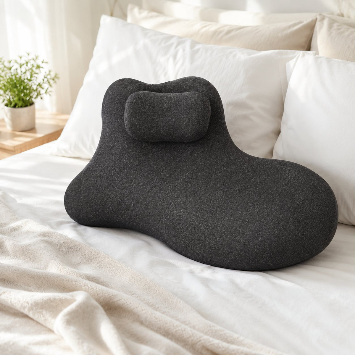 Pomence Couples Comfort Pillow on a made bed, clean product view
