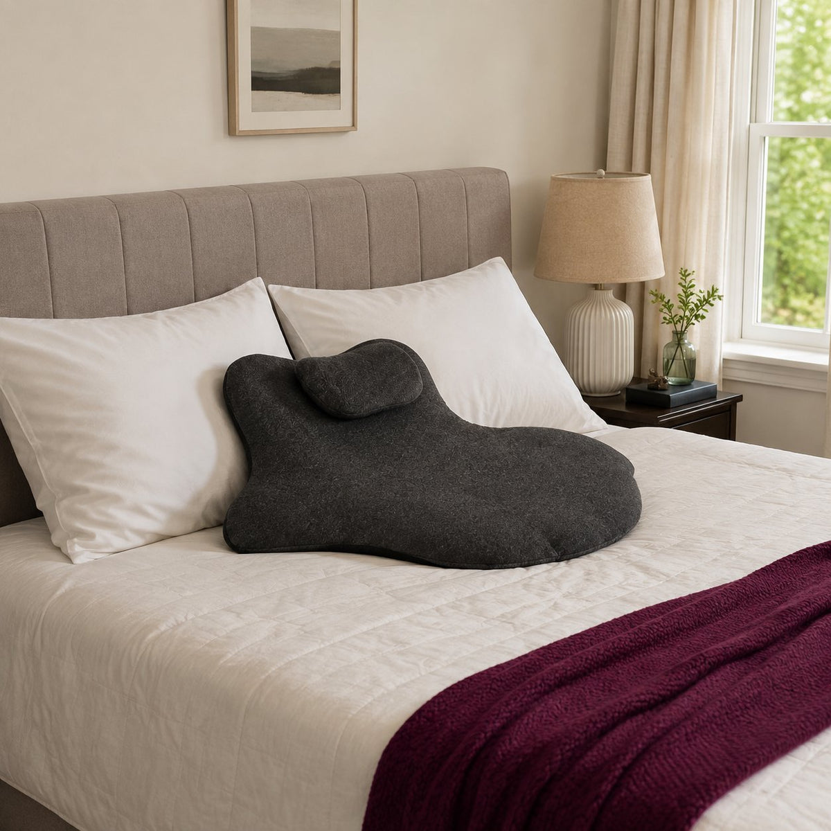 Pomence Couples Comfort Pillow resting among regular pillows on a made bed