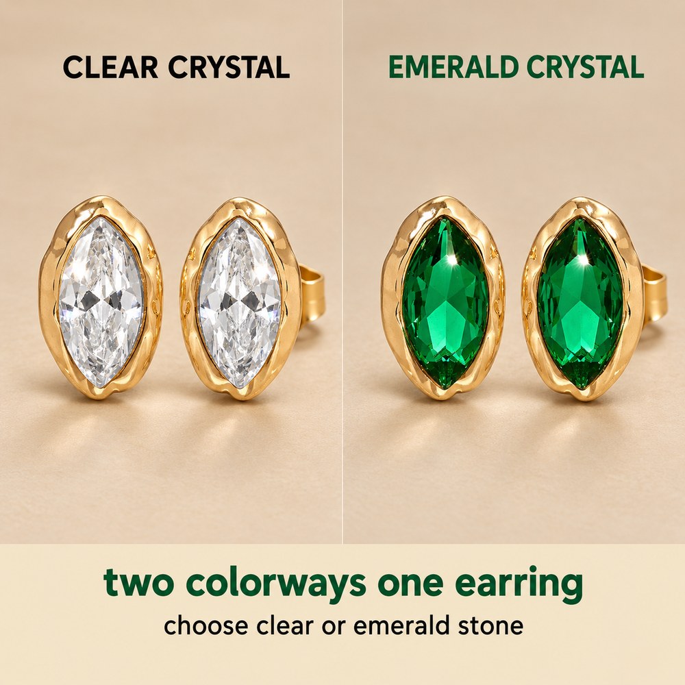 The Pomence Crystal Mini Stud Earrings in both colorways, clear crystal beside emerald crystal