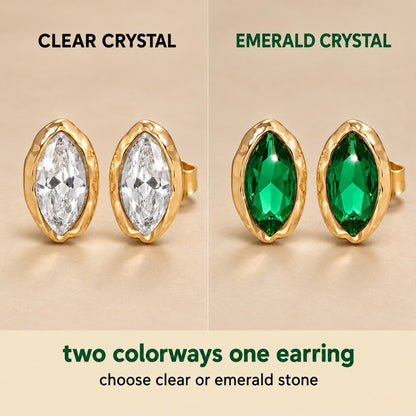 The Pomence Crystal Mini Stud Earrings in both colorways, clear crystal beside emerald crystal