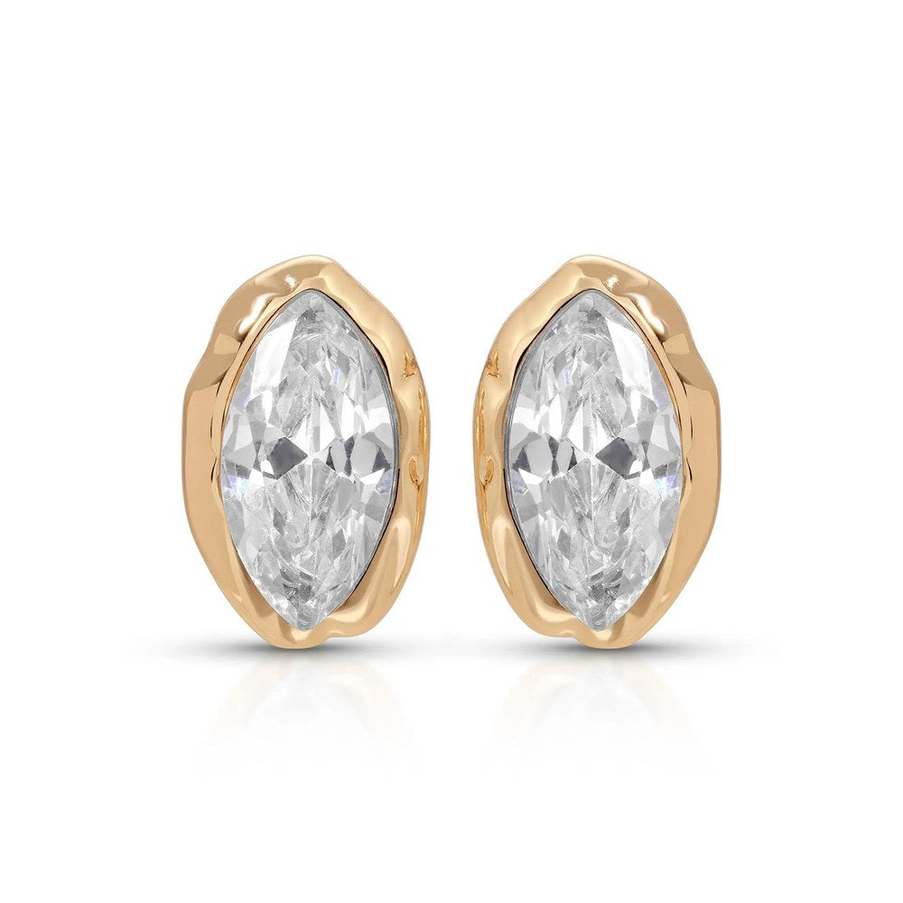 The Pomence Crystal Mini Stud Earrings in clear crystal, the pair shown on a plain white background