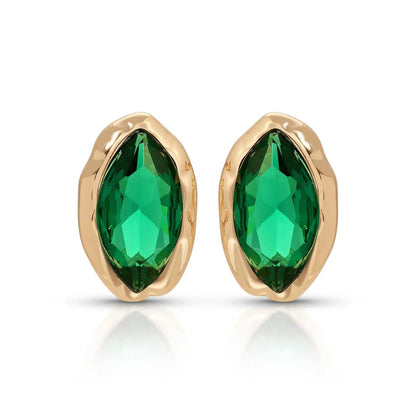 The Pomence Crystal Mini Stud Earrings in emerald crystal, the pair shown on a plain white background