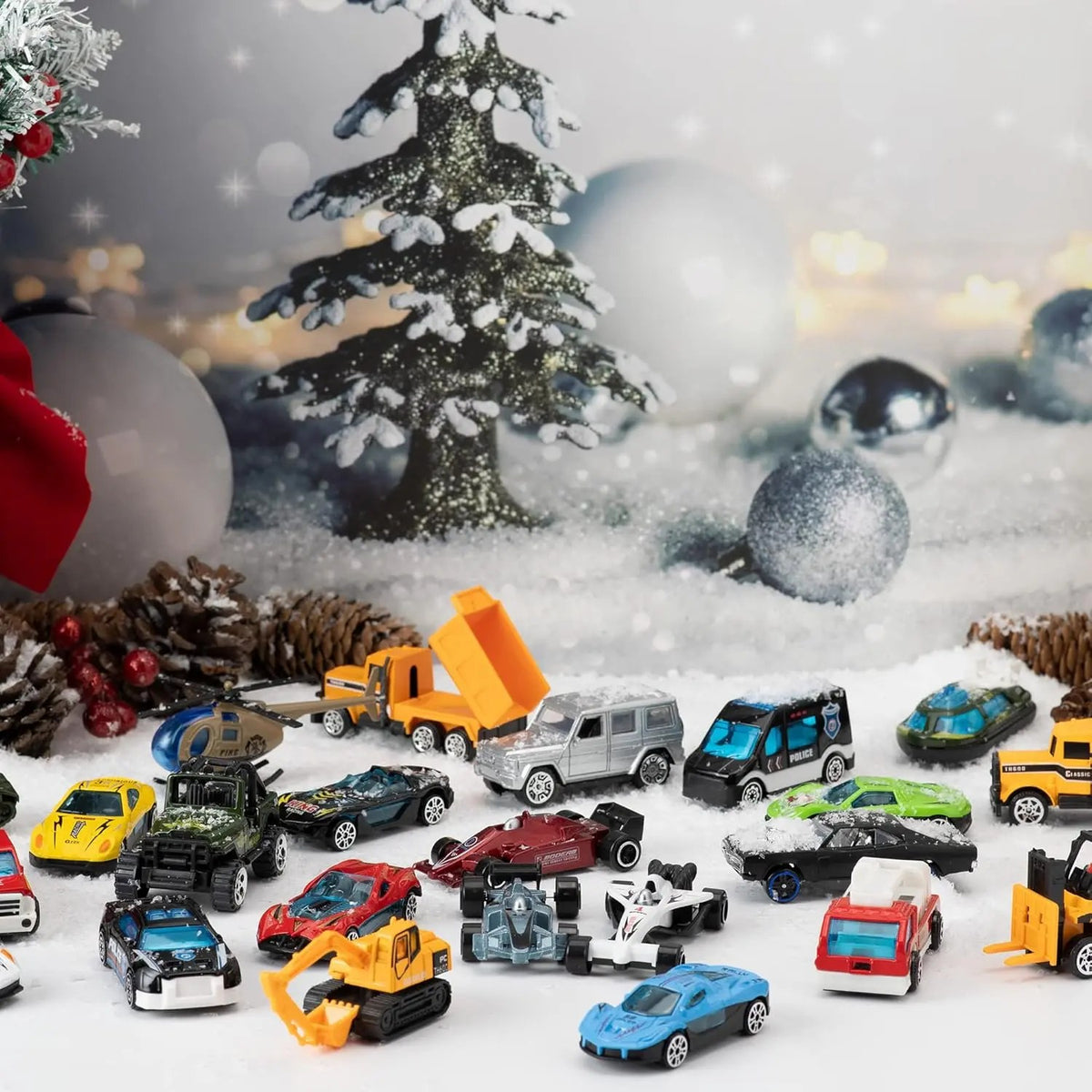 Holiday countdown display with the die-cast advent calendar vehicles