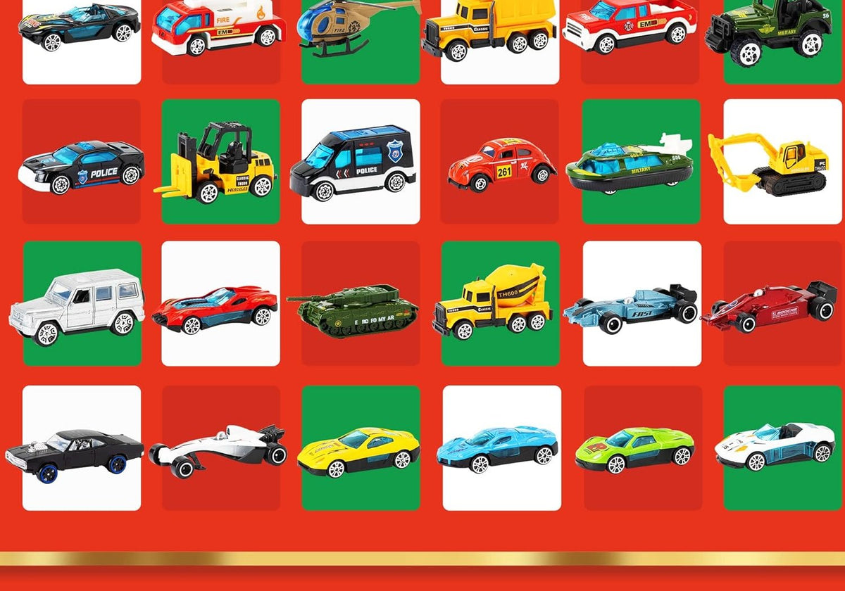 All 24 die-cast vehicles: cars, trucks, construction and rescue rigs