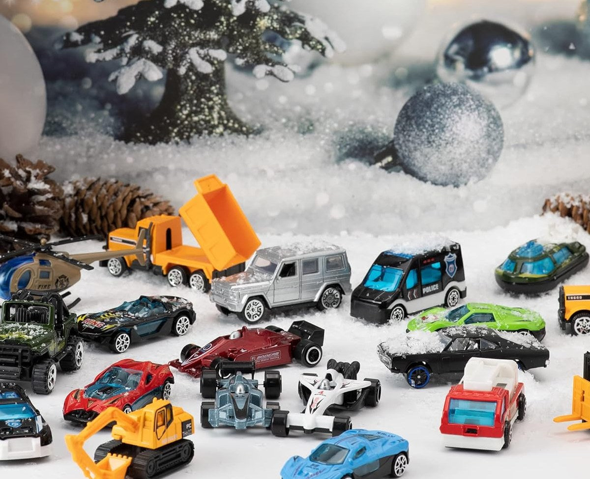 Die-cast vehicle collection set out for the Christmas countdown