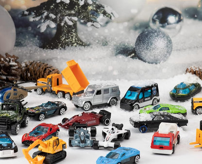 Die-cast vehicle collection set out for the Christmas countdown