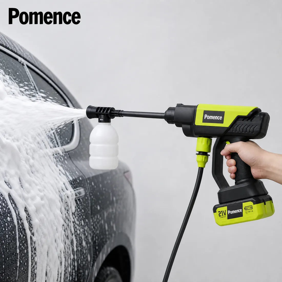 Pomence foam pot attachment washing a car