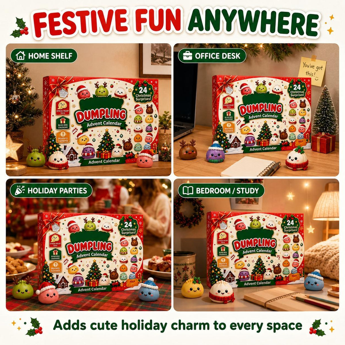 Festive fun anywhere: home shelf, office desk, holiday party, bedroom