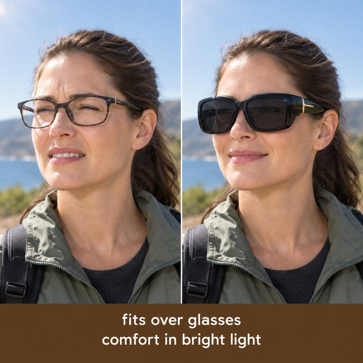 Before and after: squinting in clear prescription glasses, then the same woman with Pomence Fit-Over Sunglasses slid on over them