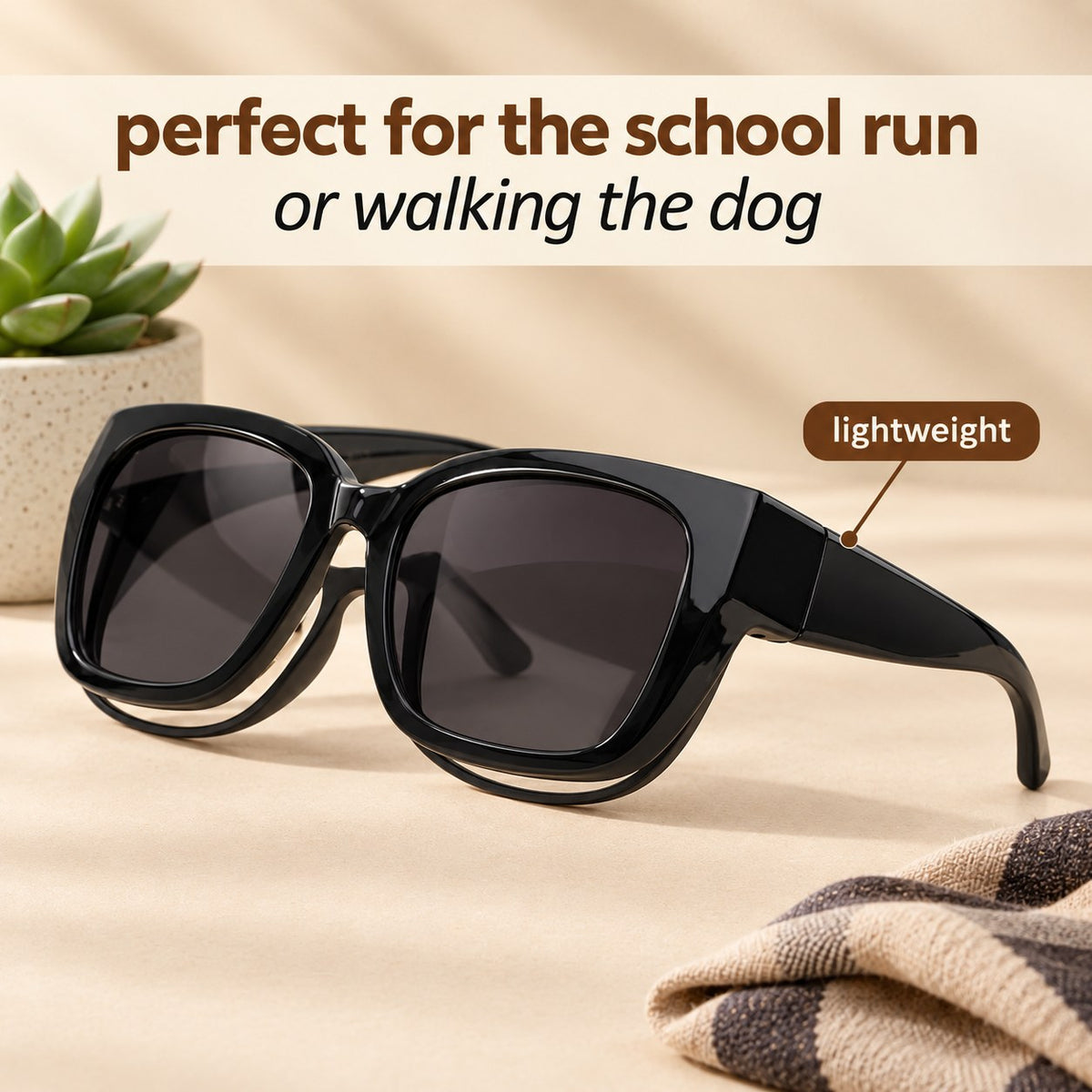 Pomence Fit-Over Sunglasses staged on a warm surface, ready for the school run or the dog walk