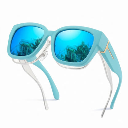 Pomence Fit-Over Sunglasses in the Blue (Mirrored) colorway, an oversized square frame built to sit over prescription glasses