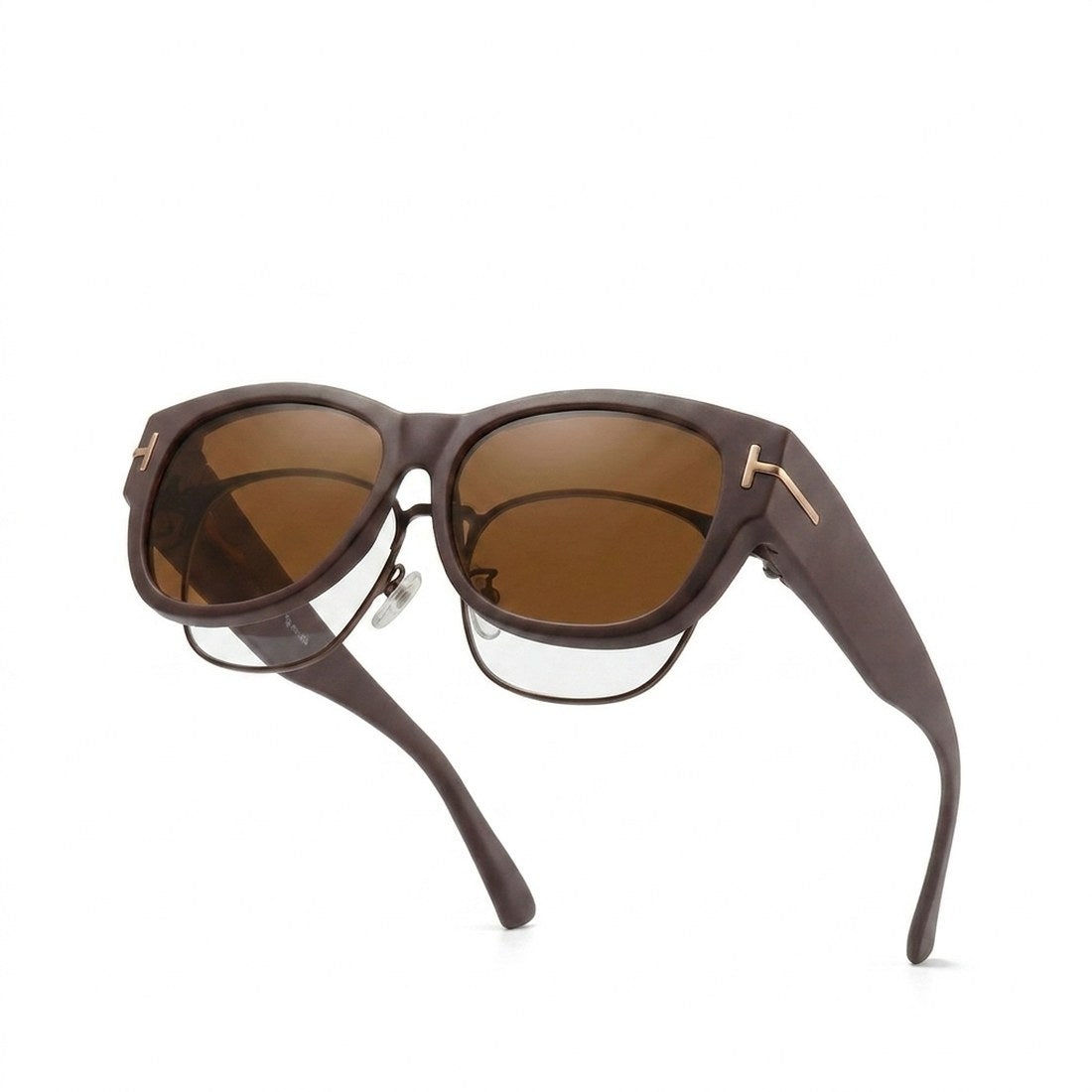 Pomence Fit-Over Sunglasses in the Coffee colorway, an oversized square frame built to sit over prescription glasses