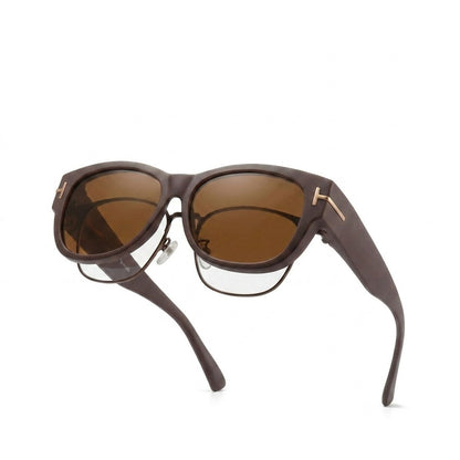 Pomence Fit-Over Sunglasses in the Coffee colorway, an oversized square frame built to sit over prescription glasses