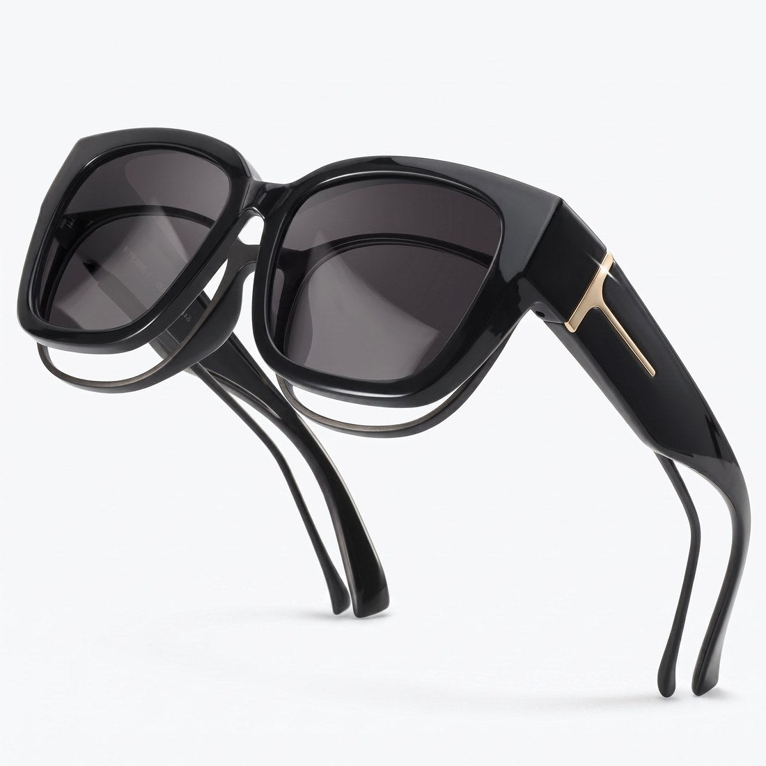 Pomence Fit-Over Sunglasses in the Midnight colorway, an oversized square frame built to sit over prescription glasses