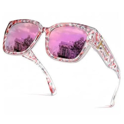 Pomence Fit-Over Sunglasses in the Pink Tortoise (Mirrored) colorway, an oversized square frame built to sit over prescription glasses