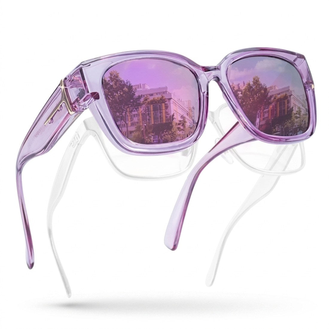 Pomence Fit-Over Sunglasses in the Violet (Mirrored) colorway, an oversized square frame built to sit over prescription glasses