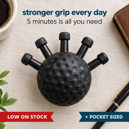 Pomence Forearm Grip Trainer Ball flat lay: a matte black dimpled ball with five short pegs, one per finger, each peg ending in a small capped head