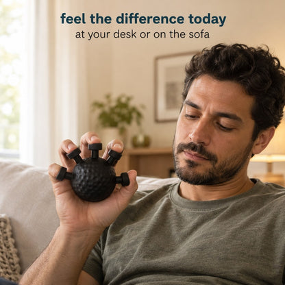 A man holding the matte black Pomence Forearm Grip Trainer Ball with a fingertip hooked over each of the five pegs