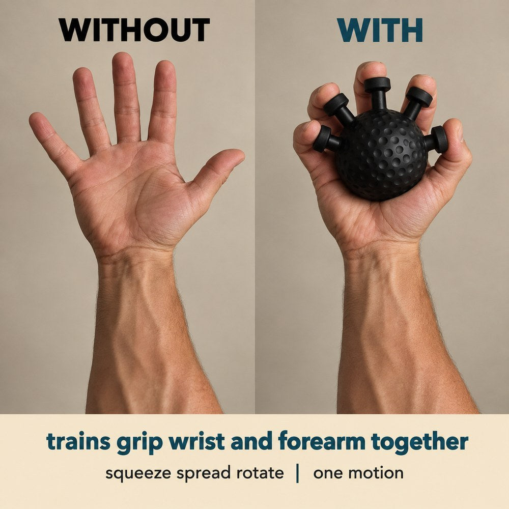 Without and with: the same hand open and relaxed, then gripping the matte black Pomence Forearm Grip Trainer Ball by its five pegs