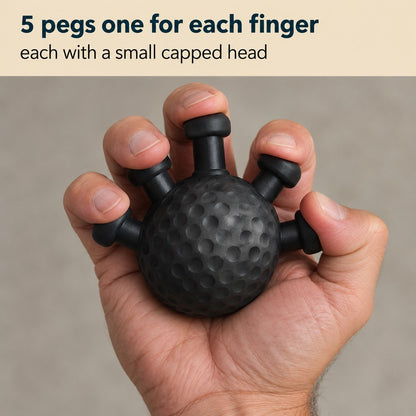 Macro of the Pomence Forearm Grip Trainer Ball in use: all five pegs visible, each with a small capped head, round dimples across the matte black surface