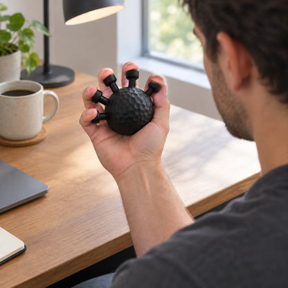 Over the shoulder: a man at a desk using the matte black Pomence Forearm Grip Trainer Ball in one hand