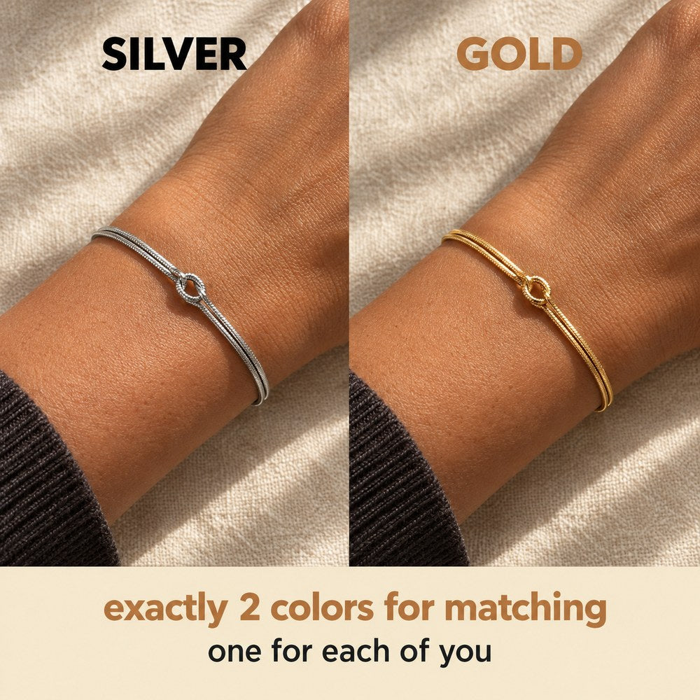 The Pomence Forever Knot Bracelet shown in both colors side by side, cool steel-silver tone on the left and warm 18k-gold tone on the right, each on a bare wrist