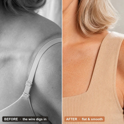Before: a bra strap digging into the shoulder. After: the wide strap of the Pomence Front-Support Bra Tank lying flat and smooth